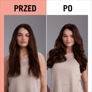Zdjęcie przed/po: kobieta zmienia prostą fryzurę w lśniące, pełne objętości włosy dzięki lakierowi Taft x Gliss.