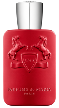 Kalan Parfums de Marly, orientalna woda perfumowana. Matowy, czerwony flakon ze srebrnym korkiem, widok z przodu. Wytłoczone konie.