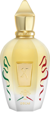 Złota butelka perfum Xerjoff XJ 1861 Decas, z zielono-czerwonymi detalami i logo "X", widok z przodu.