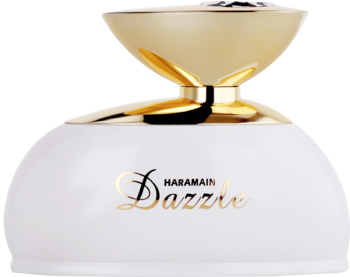 Dazzle Al Haramain, biała butelka perfum damskich ze złotym korkiem i detalami, widok z przodu.