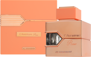 L'Aventure Rose Al Haramain, damska woda perfumowana w brzoskwiniowej butelce z okienkiem i pudełku, widok z przodu.