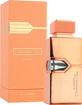 L'Aventure Rose Al Haramain EDP, brzoskwiniowo-złota butelka i pudełko, ujęcie z przodu i boku.