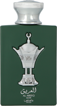 Zielona butelka perfum Lattafa Al Areeq Silver ze srebrną ozdobą w kształcie kadzidła, widok frontalny.