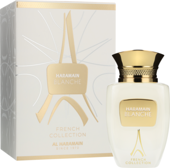 Biała woda perfumowana unisex Al Haramain Blanche, butelka i dopasowane pudełko ze złotymi detalami i wieżą Eiffla.