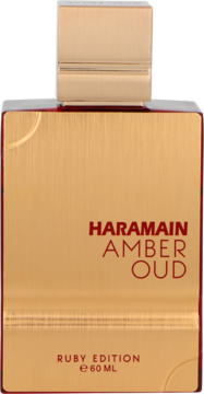 Al Haramain Amber Oud Ruby Edition 60ml, woda perfumowana w złotej butelce z czerwoną czcionką, widok z przodu.