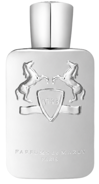 Parfums De Marly Pegasus, męska woda perfumowana, srebrna butelka, frontowa strona z emblematem koni.
