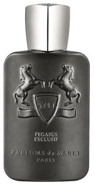 Flakon perfum męskich Parfums de Marly Pegasus Exclusif, ciemnoszary, matowy, z metalowym herbem i srebrną nakrętką.
