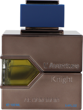 L'Aventure Knight Al Haramain, brązowa metaliczna butelka wody perfumowanej dla mężczyzn z niebieskim korkiem, widok z przodu.