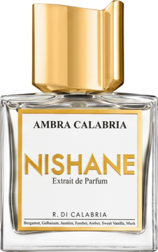 Nishane Ambra Calabria Extrait de Parfum, szklana butelka ze złotym korkiem, biała etykieta, widok z przodu.