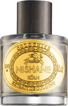 Nishane Colognise Extrait de Cologne, szklana butelka 100ml, złota etykieta z logo, ciemna nakrętka, widok z przodu.