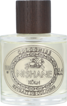 Flakon NISHANE COLOGNISE Extrait De Cologne 100ml, z brązową zakrętką i srebrną etykietą z dekoracyjnym jeźdźcem.