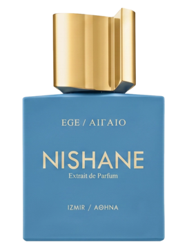 NISHANE EGE / AIGAIO Extrait de Parfum, kwadratowa butelka w matowym błękicie ze złotą nakrętką i napisami, widok z przodu.