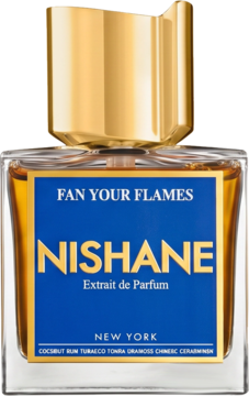 Nishane Fan Your Flames Extrait de Parfum w szklanej butelce, złoty korek, niebieska etykieta z nutami zapachowymi.