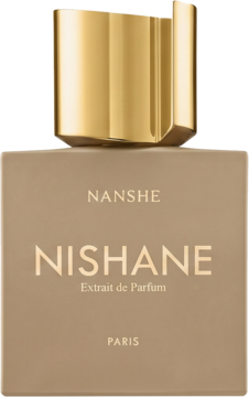 Nishane Nanshe Extrait de Parfum w beżowej butelce z złotym korkiem, widok z przodu na czarnym tle.