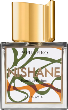 Nishane Papilefiko Extrait de Parfum, butelka, zapach drzewno-cytrusowy, złoty korek, biała etykieta.
