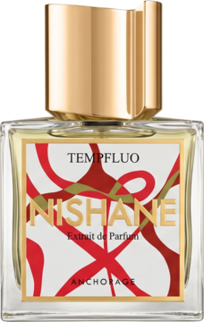 Nishane Tempfluo Extrait de Parfum w kwadratowej butelce ze złotą zakrętką, etykieta z czerwono-złotym wzorem.