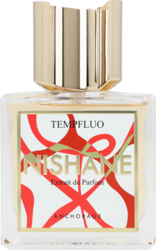 NISHANE Tempfluo Extrait de Parfum, szklana butelka z czerwoną etykietą, złotą nakrętką i napisem NISHANE.