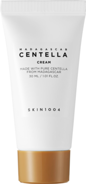 Kojący krem do twarzy SKIN1004 Madagascar Centella Cream 30ml, biała tubka, brązowa nakrętka, widok z przodu.