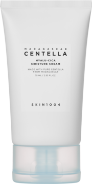 SKIN1004 Madagascar Centella Hyalu-Cica Moisture Cream 75ml, biała tubka z błękitną nakrętką, widok z przodu.