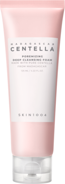 SKIN1004 Madagascar Centella Poremizing Deep Cleansing Foam, różowa tubka z przezroczystym korkiem, z przodu.