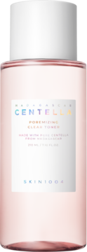 Tonik Skin 1004 Centella Poremizing Clear, różowy płyn, butelka z białą etykietą i holograficznym napisem, przód.