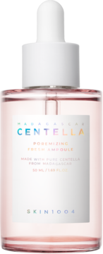 SKIN1004 Centella Poremizing Fresh Ampoule 50ml, różowa ampułka w szklanej butelce z kroplomierzem, widok z przodu.