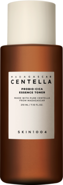 Tonik do twarzy SKIN1004 Madagascar Centella Probio-Cica, brązowa butelka z białą nakrętką, widok z przodu.