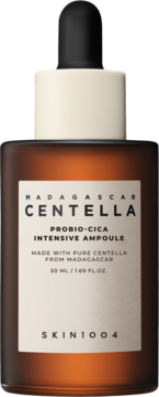 SKIN1004 Centella Probio-Cica Intensive Ampoule, brązowa butelka z kremową etykietą i pipetą, widok z przodu.