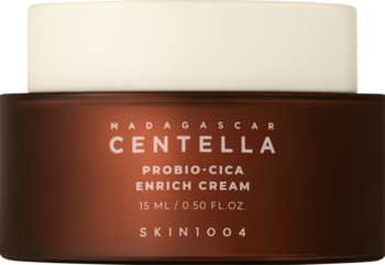 Skin1004 Probio-Cica Enrich Cream, odżywczy krem do twarzy, brązowy słoiczek z jasną zakrętką, widok z przodu.