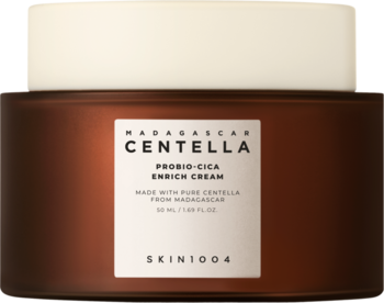 Odżywczy krem Skin1004 Probio-Cica Enrich Cream w brązowym słoiku, widok z przodu, biała etykieta z nazwą.