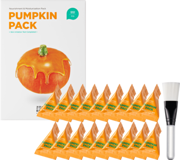 Zestaw masek Zombie Beauty Pumpkin Pack: 16 masek z dynią nawilżających skórę, widok z pędzlem aplikacyjnym.