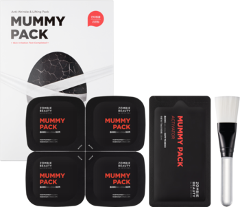 Zestaw oczyszczających maseczek Zombie Beauty Mummy Pack z węglem aktywnym: pudełko, 4 czarne saszetki i pędzel.