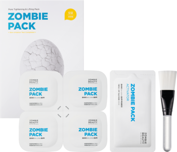 Zestaw Zombie Pack liftingująca maska do twarzy: białe pudełko, 4 saszetki, aktywator, pędzel; widok z góry.