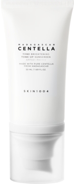 SKIN1004 Madagascar Centella Tone Brightening Sunscreen SPF50+ w białej tubce, widok z przodu, czarny napis.