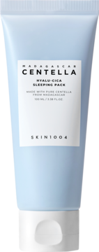 Skin1004 Madagascar Centella Hyalu-Cica Sleeping Pack, jasnoniebieska tubka z białą nakrętką, widok z przodu.