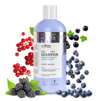 So!flow fioletowy szampon do włosów blond, chłodzący żółte tony. Lilac butelka, jagody i porzeczki.