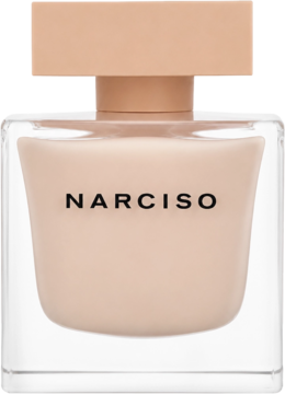 Perfumy Narciso Poudree w matowym pudrowo-różowym flakonie z kwadratową nakrętką, widok z przodu.
