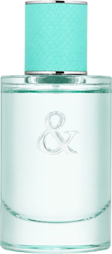 Tiffany & Love For Her, cylindryczna butelka perfum, jasnoniebieski płyn, turkusowa nakrętka w kratkę, srebrny symbol '&'.