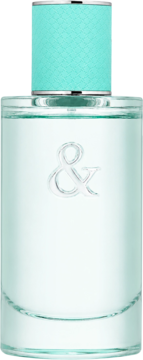 Tiffany & Love For Her EDP, cylindryczna butelka z niebieskim płynem, srebrnym logo &, turkusowym korkiem. Widok z przodu.