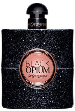 Perfumy Black Opium YSL w czarnej butelce z brokatem, etykieta z napisem, widok z przodu.