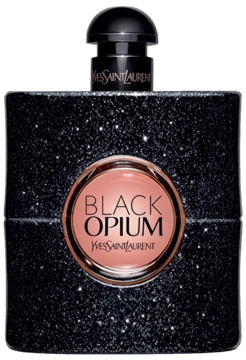 Yves Saint Laurent Black Opium, woda perfumowana w czarnej brokatowej butelce z okrągłą miedzianą etykietą, widok z przodu.