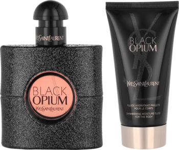 Zestaw YSL Black Opium: brokatowa woda perfumowana 50ml z różowo-złotym detalem, czarne mleczko 50ml.