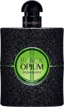 Flakon damskich perfum YSL Black Opium Illicit Green, czarny, brokatowy, z neonowym zielonym okręgiem. Widok z przodu.