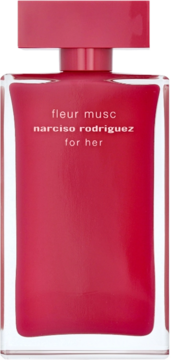 Czerwony flakon wody perfumowanej Narciso Rodriguez Fleur Musc for Her z białymi napisami, widok z przodu.