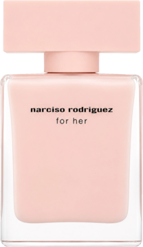 Różowy flakon perfum Narciso Rodriguez For Her EDP, prostokątny kształt, kwadratowa nakładka, widok z przodu.