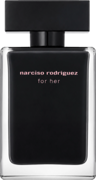 Narciso Rodriguez For Her, czarny, elegancki flakon perfum z różowymi napisami, widok frontalny.