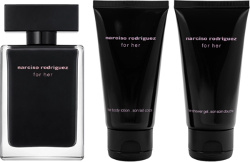 Zestaw Narciso Rodriguez All Of Me: czarna butelka wody toaletowej, dwie tubki kosmetyków, widok z przodu.