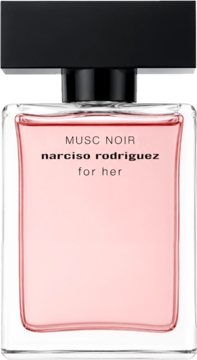 Narciso Rodriguez Musc Noir For Her woda perfumowana, przezroczysty flakon z różowym płynem, czarna nakrętka, widok z przodu.