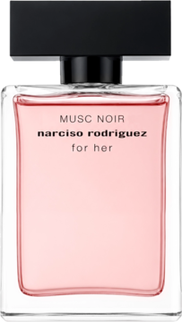 Narciso Rodriguez Musc Noir For Her woda perfumowana. Szklana butelka z różowym płynem, czarny korek, widok frontalny.