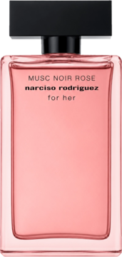 Musc Noir Rose For Her Narciso Rodriguez, różowa woda perfumowana w prostokątnej butelce, widok z przodu.